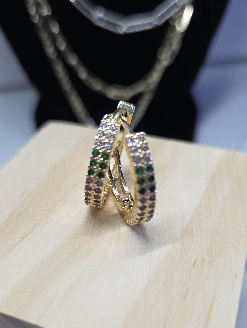 Gold-Tone Hoop Earrings with Green and Purple Stones - Women Jewelry